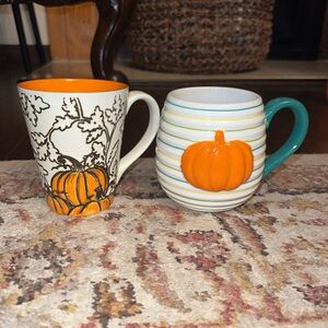 Two Pumpkin Themed Ceramic Mug Set - Orange and Green